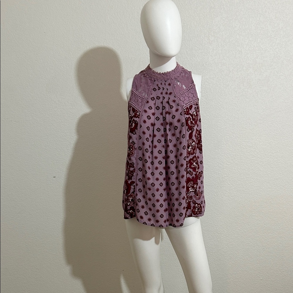 Xhilaration Mauve and Burgundy Paisley Crochet-Trim Halter Camisole